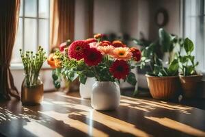 flores en floreros en un mesa en frente de un ventana. generado por ai foto