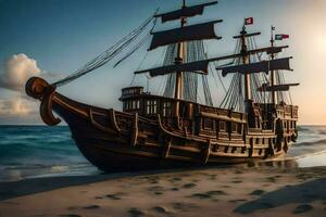 a wooden pirate ship sits on the beach. AI-Generated photo