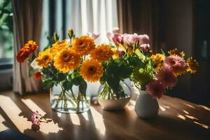 flowers in vases on a table. AI-Generated photo