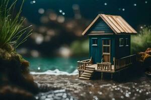un miniatura casa en el apuntalar de un lago. generado por ai foto