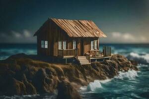 a small wooden house on the edge of the ocean. AI-Generated photo