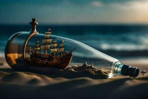 a ship in a bottle on the beach. AI-Generated photo