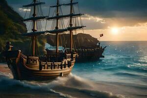 a pirate ship is on the beach at sunset. AI-Generated photo