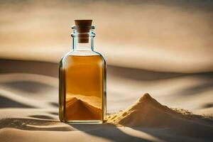 a bottle of oil in the desert. AI-Generated photo