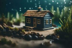 a miniature house in the middle of the ocean. AI-Generated photo