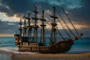 a pirate ship on the beach at sunset. AI-Generated photo