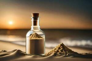 arena en un botella en el playa. generado por ai foto