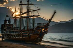 a pirate ship on the beach at sunset. AI-Generated photo