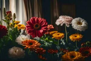 flowers in the window by the window. AI-Generated photo