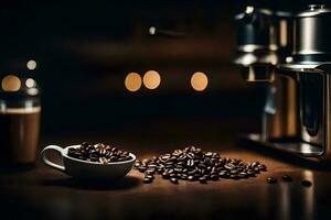 coffee beans on a wooden table. AI-Generated photo