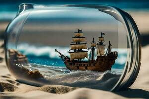 a ship in a bottle on the beach. AI-Generated photo