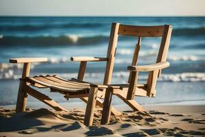 a wooden chair sits on the beach near the ocean. AI-Generated photo