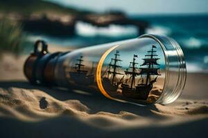 a bottle with a ship inside of it on the beach. AI-Generated photo