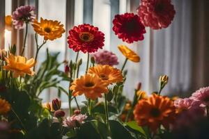 flowers in front of a window. AI-Generated photo