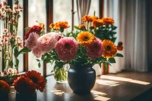 flowers in vases on a windowsill. AI-Generated photo