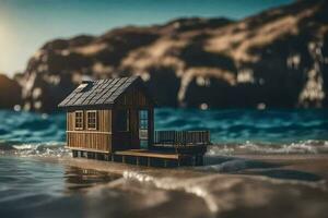 un miniatura casa en el playa con un pequeño bote. generado por ai foto