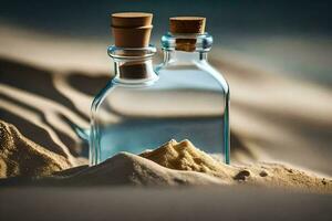 two empty bottles in the sand with sand on top. AI-Generated photo