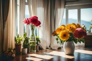 a vase of flowers sits on a table in front of a window. AI-Generated photo