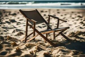 a wooden chair sits on the sand near the ocean. AI-Generated photo