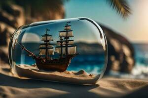 a ship in a bottle on the beach. AI-Generated photo