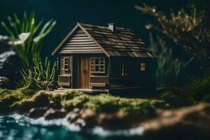 un miniatura casa en un pequeño isla por el agua. generado por ai foto