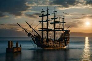 a pirate ship in the ocean at sunset. AI-Generated photo