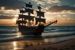 a pirate ship is on the beach at sunset. AI-Generated photo