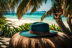 a hat sits on a coconut tree near the beach. AI-Generated photo