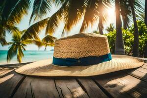 a straw hat sits on a wooden table in front of palm trees. AI-Generated photo