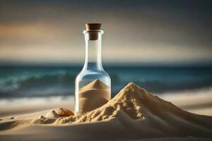 message in a bottle on the beach. AI-Generated photo