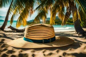 a hat sits on the sand near palm trees. AI-Generated photo