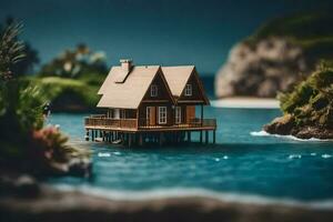 un miniatura casa en un muelle por el océano. generado por ai foto