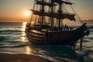 a pirate ship is sailing on the ocean at sunset. AI-Generated photo