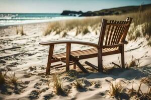 a wooden chair sits on the beach near the ocean. AI-Generated photo