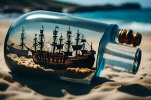 a ship in a bottle on the beach. AI-Generated photo