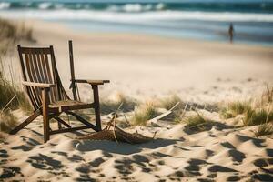 a wooden chair sits on the beach near the ocean. AI-Generated photo