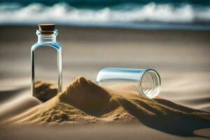 two empty glass bottles on the sand with sand in them. AI-Generated photo