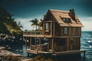 a miniature house on the beach by the ocean. AI-Generated photo