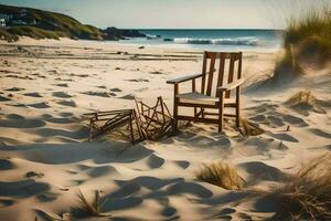 a chair and a broken chair on the beach. AI-Generated photo