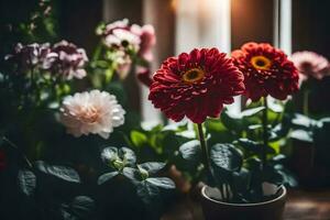 flowers in pots on a windowsill. AI-Generated photo