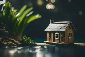 a miniature house sits on the edge of a pond. AI-Generated photo