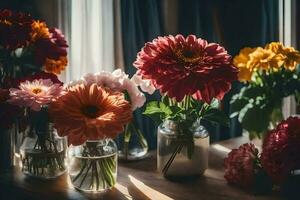 flowers in jars on a windowsill. AI-Generated photo