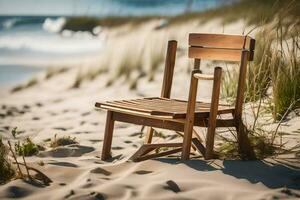 a wooden chair sits on the sand near the ocean. AI-Generated photo