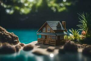 un miniatura casa en el apuntalar de un lago. generado por ai foto