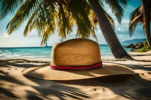 a hat sits on the sand near palm trees. AI-Generated photo