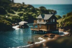 un miniatura casa en un pequeño isla por el agua. generado por ai foto