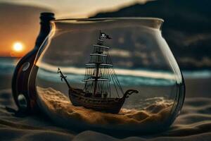 a bottle with a ship inside of it on the beach. AI-Generated photo