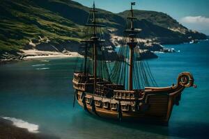 a pirate ship is floating in the ocean. AI-Generated photo