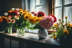 flowers in vases on a windowsill. AI-Generated photo