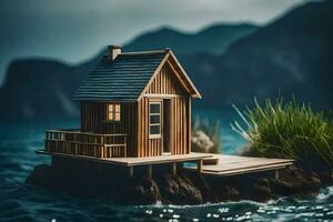 un miniatura casa en un pequeño isla en el océano. generado por ai foto